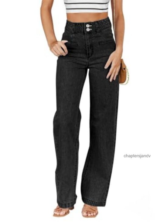 Denim - High Waisted Straight Leg Jeans with Dual Button Closure and Welt Pockets